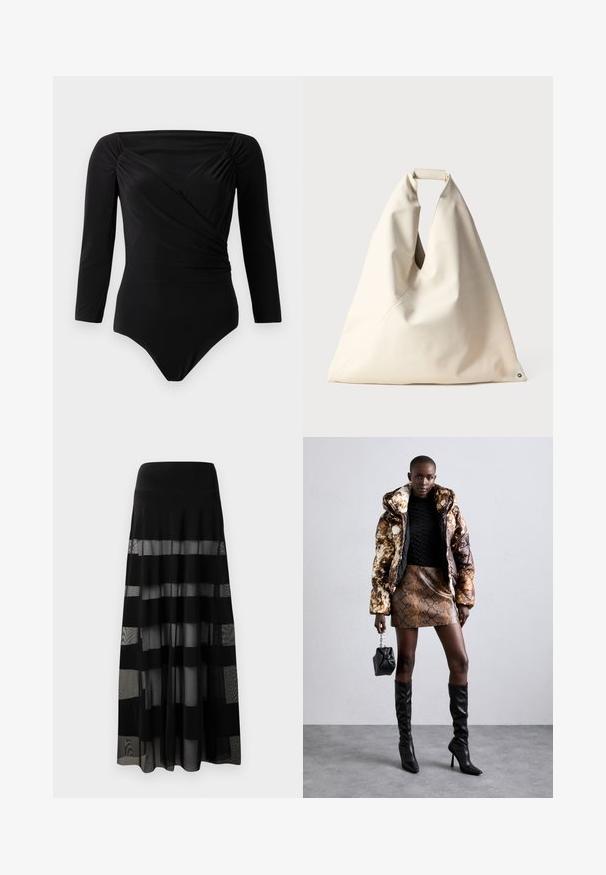 Melnā garo piedurkņu bodijā ar apvijuma dizainu, grumbuļotiem akcentiem plecos, gludu tekstūru un dziļu izgriezumu.; Melna maksi svārki ar pieguļošu vidukli, ar caurspīdīgām paneļiem un necaurspīdīgām svītrām. Viegls audums ar gludu tekstūru.; Puffa jaka ar brūnu un melnu rakstu, kombinēta ar brūnu čūskas raksta mini svārkiem, melniem līdz ceļgala zābakiem un mazu melnu somiņu.; Beidz, mīksta tekstūras soma ar unikālu vērpjamo rokturi un diagonālu šuvju detaļām. Minimālisma dizains ar apaļu akcentu apakšā.