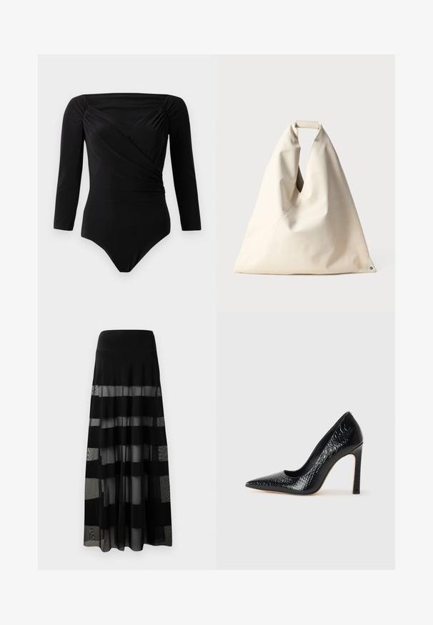 Bodysuit noir à manches longues, avec un design croisé, des accents froncés aux épaules, une texture lisse et un décolleté profond.; Jupe maxi noire avec une taille ajustée, comportant des panneaux transparents et des rayures opaques. Tissu léger avec une texture lisse.; Escarpin noir à bout pointu avec texture en cuir de crocodile, présentant un design élégant, un haut talon aiguille et un intérieur noir lisse.; Sac beige, à texture douce, avec une poignée torsadée unique et un détail de couture diagonale. Design minimaliste avec un accent rond à la base.