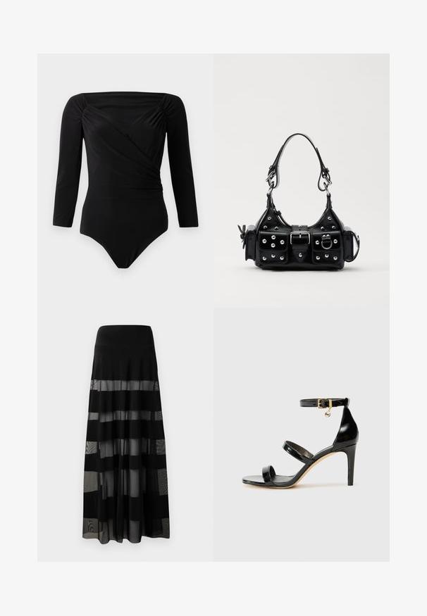 Zwarte lange mouwen bodysuit, met een wikkelontwerp, geplooide accenten op de schouders, een gladde textuur en een diepe halslijn.; Zwarte maxi-rok met een aansluitende tailleband, voorzien van transparante panelen en ondoorzichtige strepen. Lichtgewicht stof met een gladde textuur.; Zwarte gepatineerde leren sandaal met drie banden, enkelgesp en 10 cm hoge stiletto hak. Bevat gouden hardwaredetails en een logo charm.; Zwarte lederen handtas met een gebogen ontwerp, voorzien van zilveren studs, een gesp en twee zijvakken. Verstelbare schouderband voor verschillende draagmogelijkheden.