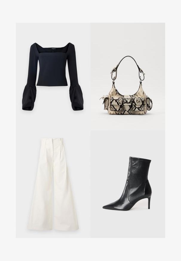 Black long-sleeve top with a square neckline, featuring voluminous cuffed sleeves and a fitted bodice made from a smooth fabric.; White wide-leg trousers made of cotton, featuring a high waist, pleats at the front, and a clean design without pockets.; Black ankle boots made of smooth leather, featuring a pointed toe, fitted shaft, and a slim high heel. Minimalist design with no visible hardware.; Python-print handbag in beige and black, featuring a structured shape, buckle detail, and dual shoulder straps. Textured surface.