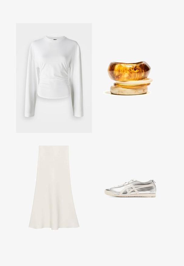 Valkoinen pitkähihaisen paita, joka on valmistettu pehmeästä kankaasta. Sen muotoilu on tiukka ja siinä on rypytystä vyötäröllä sekä pyöreä pääntie.; Valkoinen leventävä hame, joka on valmistettu sileästä kankaasta. Hameessa on leveä vyötärö ja A-linjainen siluetti, ja se ulottuu polveen.; Hopeakankaiset urheilukengät, joissa on kiiltävä metallinen päällinen, vaaleanbeigejä yksityiskohtia, litteät nauhat ja teksturoitu pohja. Klassinen muotoilu virtaviivaisella siluetilla.; Kaksi rengasta päällekkäin; päällimmäinen on amber-värinen kiehkuroilla ja alhaalla vaaleanbeige; molemmat ovat sileitä ja kiiltävää hartsia.