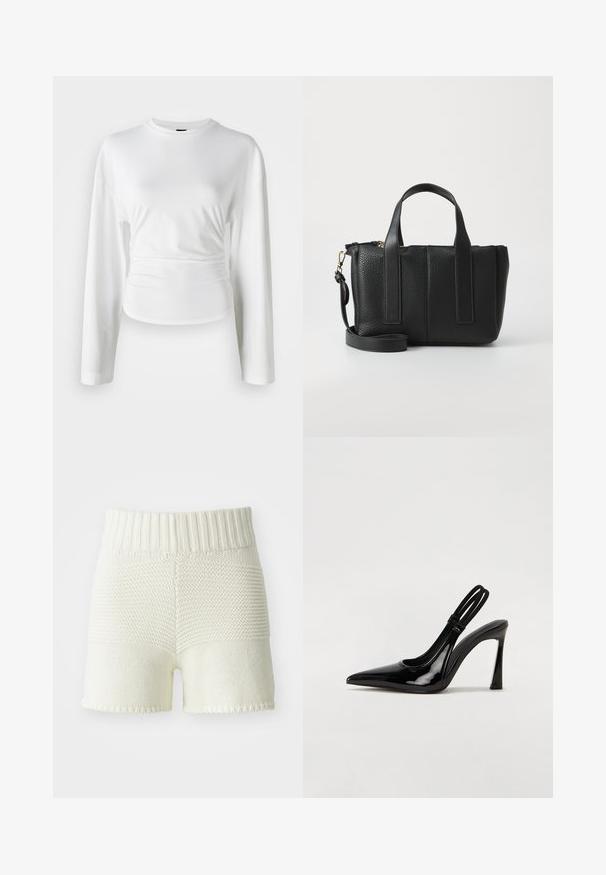 Bílá košile s dlouhými rukávy vyrobená z měkké tkaniny. Má přiléhavý střih s nařasenými detaily v pase a kulatým výstřihem.; Pletené šortky v off-white barvě s ribbovaným pasem, které mají texturální kontrast mezi horní a dolní částí, lemované okraje.; Černé lakované kožené lodičky na podpatku se špičatou špičkou, štíhlým vysokým podpatkem a dvojitým elastickým páskem pro bezpečné nošení. Hladký, lesklý povrch.; Černá kožená taška s texturovaným povrchem, dvojitými horními uchy a odnímatelným ramenním popruhem; má zipové zapínání a vertikální švy.