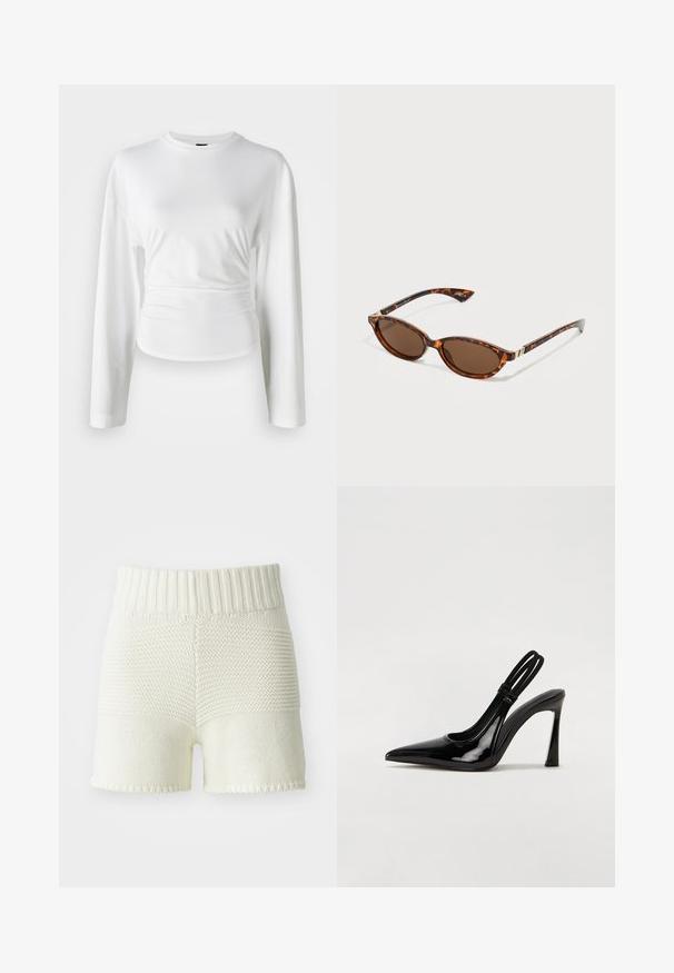 Hvit langermet skjorte laget av mykt stoff. Har en tettsittende design med rynkedetaljer i midjen og rund hals.; Strikkede shorts i off-white med ribbet midje, som har teksturkonstrast mellom topp- og bunnseksjonene, med svingete kanter.; Svart patentlæder slingback pumpe med spids tå, slank høj hæl og dobbelt elastisk rem for sikker pasform. Glat, skinnende overflade.; Skjellbrune solbriller med ovale linser, brune tonede glass, slanke stenger og gulldetaljer nær hengslene.