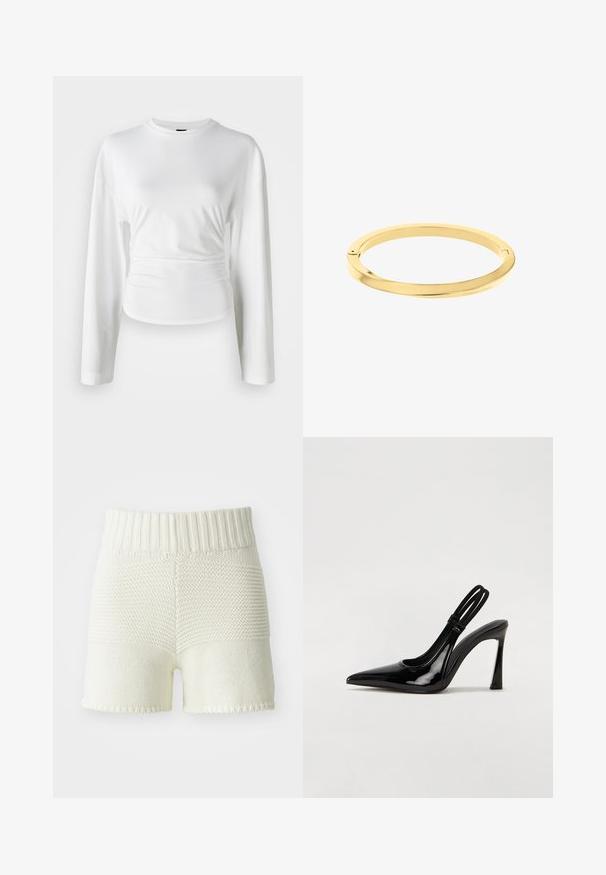 Fehér, hosszú ujjú ing, puha anyagból készült. Testhezálló fazonú, deréknál ráncolt részletekkel és kerek nyakkivágással rendelkezik.; Off-white színű kötött rövidnadrág, bordázott derékkal, textúrális kontraszttal a felső és alsó rész között, szegélyezett szélekkel.; Fekete lakk bőr slingback pumpa, hegyes orral, vékony magas sarkal és dupla elasztikus pánttal a biztonságos illeszkedés érdekében. Simább, fényes felület.; Vékony, fényes arany karkötő sima, kerek formával és diszkrét logóval rendelkezik. Zökkenőmentes kialakítással és minimalista esztétikával büszkélkedik.