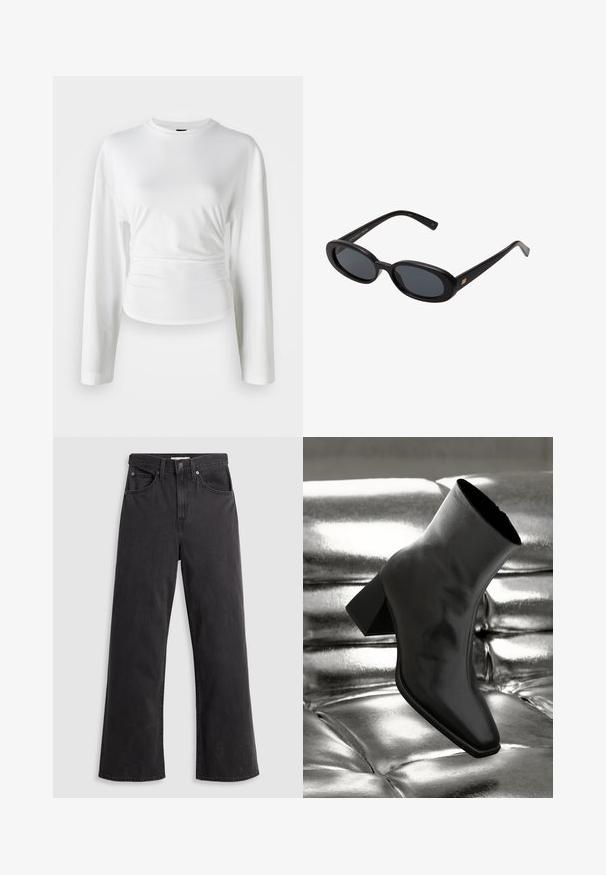 Bela dolga srajca z dolgimi rokavi iz mehkega blaga. Ima prilegajočo se zasnovo z naborki na pasu in okroglim izrezom.; Črne široke kavbojke iz denima z visokim pasom, petimi žepi in kovinskim gumbom za zapiranje. Tkanina ima gladko, rahlo zbledelo teksturo.; Črne gležnjarje iz sijočega materiala s kvadratnim prstom in zoženim peto, postavljene na sijoče srebrno oblazinjeno ozadje.; Črne oversize sončne očala z ovalnimi lečami, gladkim plastičnim okvirjem in zlatenimi detajli na templjih. Temne leče zagotavljajo zaščito pred soncem.; Carlheim ADALINE - Torbica - brown