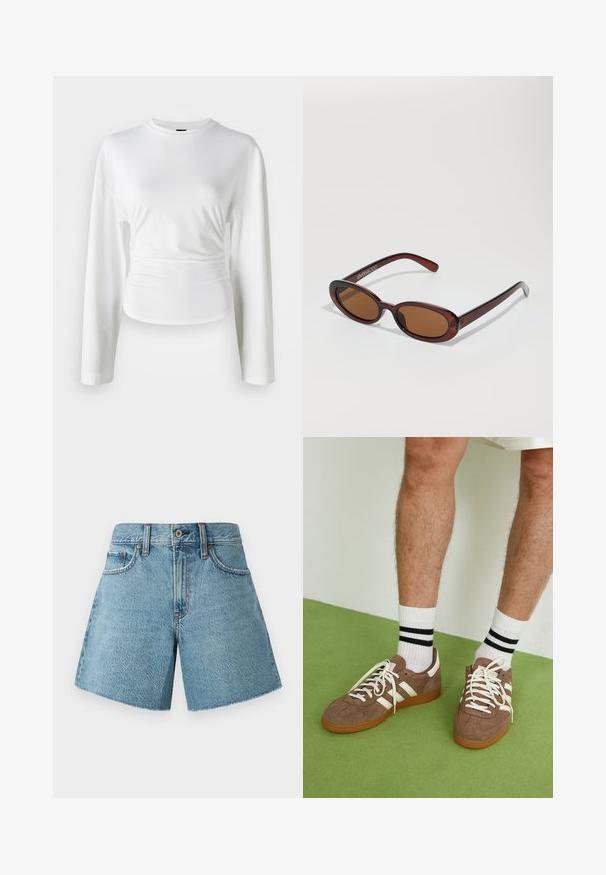 Biała koszula z długim rękawem, uszyta z miękkiego materiału. Ma dopasowany krój z marszczeniami w talii oraz okrągłym dekoltem.; Jasnoniebieskie szorty dżinsowe z wysokim stanem, pięcioma kieszeniami i surowym wykończeniem. Wykonane z teksturowanej bawełnianej tkaniny o klasycznym designie.; Brązowe zamszowe sneakersy z białymi akcentami i sznurówkami. Gumowa, brązowa podeszwa. Noszone z białymi skarpetkami w czarne paski. Zielona teksturowana podłoga.; Okrągłe, brązowe okulary przeciwsłoneczne z błyszczącą bordową oprawą. Cienkie ramiona z subtelnym detalem marki. Płaski kształt soczewek.; Brązowa torebka skórzana pleciona o luźnym, trójkątnym kształcie. Posiada pleciony uchwyt i zamek błyskawiczny na górze.; Stos dwóch pierścionków; górny jest bursztynowy z wirami, a dolny jasnobeżowy; oba są gładkie i błyszczące z żywicy.