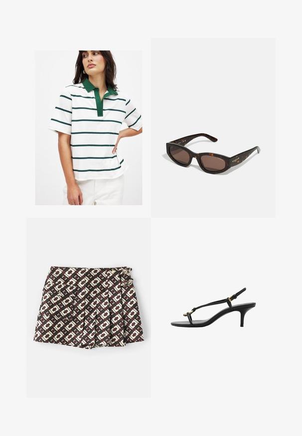 Witte polo met groene en marineblauwe horizontale strepen, korte mouwen en een groene kraag. Zacht katoenen materiaal met een ontspannen pasvorm.; Gemerkt shorts met een bruin en crème geometrisch patroon, twee zijzakken en gouden hardware accenten. De stof heeft een gladde textuur.; Zwarte leren kitten heel sandaal met dunne banden, gouden gesp en minimalistische teenlus op een witte achtergrond.; Bruine schildpadzonnebril met een rechthoekige vorm, donkerbruine lenzen en gouden 'vogue'-branding op de pootjes.; Gevlochten bruine leren handtas met ronde vorm, dubbele bovenhandvaten en een gladde textuur; kenmerken subtiele stitching voor ontwerpdetaillering.; Heldere en amber harsringen, de ene glad en transparant, de andere met een gestructureerde, amberkleurige afwerking. Beide hebben afgeronde, chunky ontwerpen.
