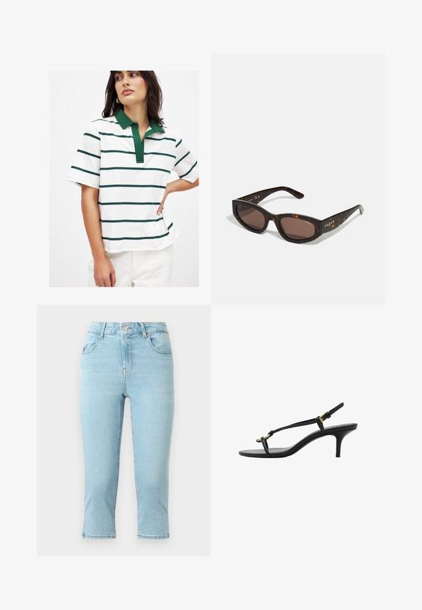 Camisa polo blanca con rayas horizontales verde y azul marino, de mangas cortas y con un collar verde. Material de algodón suave con un corte relajado.; Vaqueros de mezclilla azul claro con cintura alta, longitud recortada, cinco bolsillos y detalles de costura a lo largo de las costuras y el dobladillo.; Sandalia de tacón kitten negro de cuero con tiras delgadas, hebilla dorada y lazo para los dedos minimalista sobre un fondo blanco.; Gafas de sol en carey marrón con forma rectangular, lentes marrones oscuros y la marca "vogue" en dorado en las patillas.; Bolso de mano de cuero marrón tejido con forma redondeada, doble asa superior y textura suave; presenta costuras sutiles como detalle de diseño.; Anillos de resina clara y ámbar, uno liso y transparente, el otro con un acabado texturizado en ámbar. Ambos presentan diseños redondeados y voluminosos.