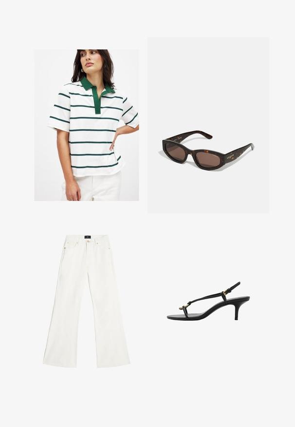 Hvid polo-shirt med grønne og marineblå vandrette striber, korte ærmer og grøn krave. Blødt bomuldsstof med løs pasform.; Hvide breddebenede jeans i denim, med et klassisk fem-lomme design, guldfarvet hardware og en mellemhøj talje.; Sort læder kitten hæl sandal med tynde stropper, guldspænde og minimalistisk tå løkke på en hvid baggrund.; Brune skildpaddemønstrede solbriller med rektangulær form, mørkebrune linser og guld "vogue" branding på stængerne.; Vævet brun lædertaske med rund form, dobbelt top håndtag og glat tekstur; har diskret syning som designdetalje.; Klare og ravfarvede harpiksringe, én glat og gennemsigtig, den anden med en tekstureret, ravfinish. Begge har afrundede, kraftige designs.