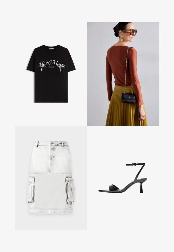 Black cotton t-shirt featuring "Mostly Magic" text in white, adorned with decorative pearl accents. Short sleeves, relaxed fit, crew neck.; Denim skirt in light gray with a high waist, front buttons, and two side cargo pockets. Slightly distressed fabric texture.; Bershka High heeled sandals - black; Vivienne Westwood SMALL PURSE CHAIN - Cross body bag - black