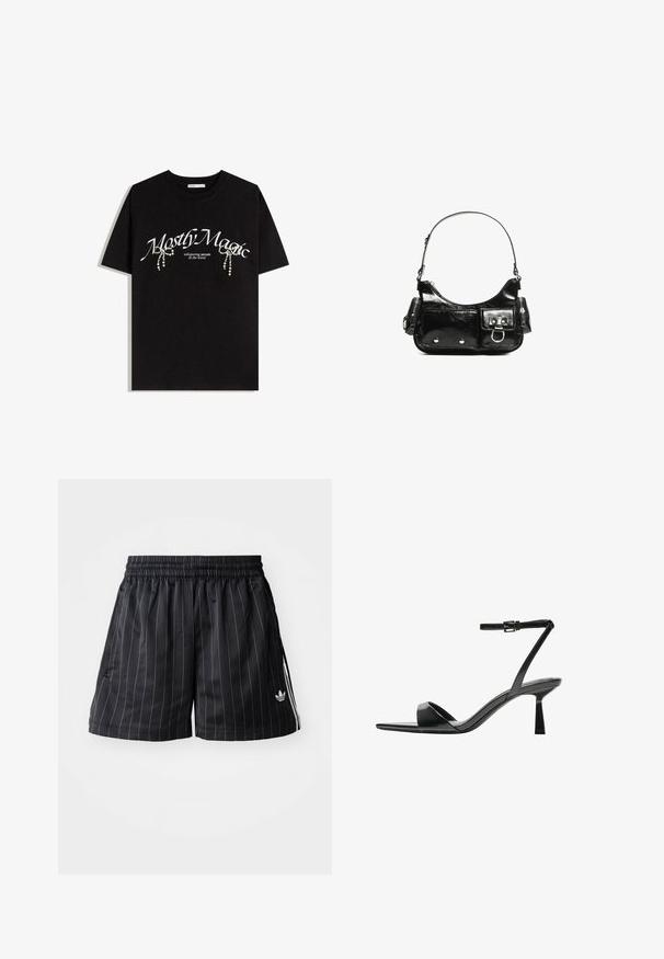 Černé bavlněné tričko s bílým nápisem "Mostly Magic", zdobené dekorativními perlami. Krátké rukávy, volný střih, kulatý výstřih.; Černé sportovní šortky s bílými vertikálními pruhy, elastickým pasem a bočními kapsami. Na dolním levém cípu se nachází bílý logo značky.; Bershka Sandály na vysokém podpatku - black; Černá lakovaná kožená kabelka s křivkovým tvarem, jedním ramenním popruhem, předními kapsami a stříbrnými kovovými detaily.