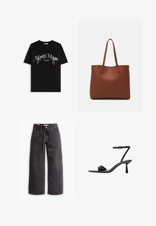 Fekete pamut póló, melyen fehér "Mostly Magic" felirat látható, valamint díszes gyöngy részletekkel van díszítve. Rövid ujjak, laza fit, kerek nyakú.; Fekete, bőszárú farmernadrág, állítható derékkal, öt zsebbel és kontrasztos varrási részletekkel. Lapos elülső dizájn.; Bershka Magas sarkú szandálok - black; Barna bőr vászontáska sima textúrával, nyitott tetejű dizájnnal és két vállpánttal. Minimális varrással és látható hardver nélkül készült.