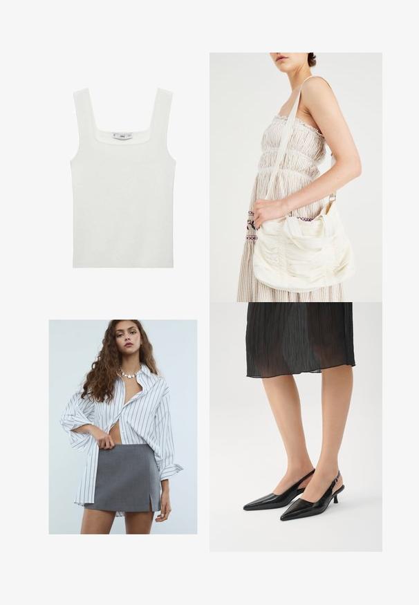 Bílý žebrovaný tílko se čtvercovým výstřihem a širokými ramínky, vyrobené z měkké, pružné látky. Štítek viditelný uvnitř.; Mladá žena s dlouhými kudrnatými vlasy, oblečená v bílé oversize košili s pruhy, šedé mini sukni s předním rozparkem a náhrdelníkem ve tvaru hvězdy.; Černé slingback lodičky se špičatou špičkou a lesklým povrchem, štíhlým podpatkem a otevřenou zadní částí. Texturovaný vzor na svrchním materiálu.; Bílá textilní taška přes rameno se shromážděnou texturou, nastavitelným popruhem a stříbrným kováním. Vyložená vedle krémových šatů.
