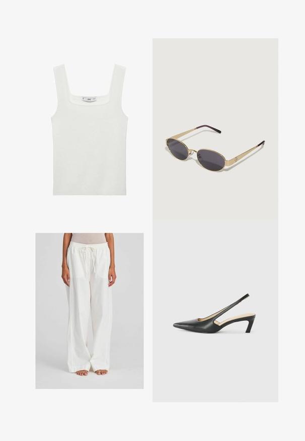 Witte, geribbelde tanktop met een vierkante halslijn en brede bandjes, gemaakt van een zachte, rekbare stof. Label zichtbaar aan de binnenkant.; Witte, lichte, wijdvallende broeken met een elastische tailleband en een trekkoord. De stof lijkt glad en komt enigszins doorzichtig over.; Zwarte puntige slingback schoen met een lage hak, gemaakt van soepel leer en voorzien van een uitsnede aan de zijkant voor ventilatie.; Gouden metalen zonnebril met ovale donkere glazen. Slanke pootjes gaan over in paarse uiteinden. Opvallend logo detail aan de zijkant.; Bruine suède totebag met dubbele handvaten, een knoopsluiting en een ontspannen, iets slonzige vorm.