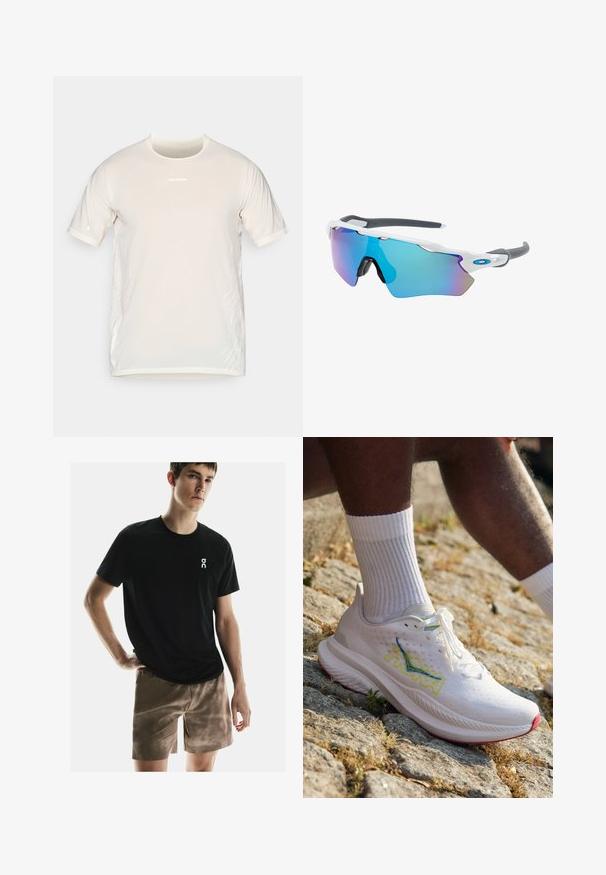 Béžové športové tričko s krátkymi rukávmi značky Salomon, s okrúhlym výstrihom a jemnými bielymi grafickými líniami po bokoch.; On PERFORMANCE AOP - Športové šortky - cinder; HOKA MACH 6 - Cestná bežecká obuv - white/nimbus cloud; Slnečné okuliare s bielym rámom, so sivými akcentmi a modrými zrkadlovými sklami. Športový dizajn, okrúhly tvar a nastaviteľné nosové podložky.
