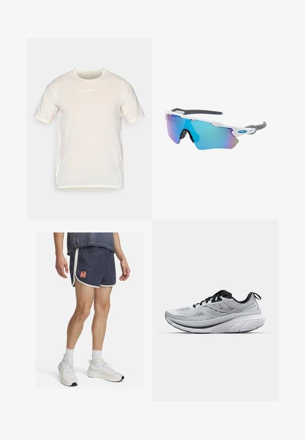 Camiseta atlética de manga corta en color beige de Salomon, con cuello redondo y sutiles líneas gráficas blancas en los lados.; Pantalones cortos deportivos de color navy con ribetes blancos y un logo de Under Armour. Tejido ligero con una superficie texturizada, diseñado para mayor comodidad durante la actividad física.; Zapatillas de running ligeras en malla gris, con un collarín acolchado, detalles en negro y una suela intermedia blanca gruesa con una suela de agarre texturizada.; Gafas de sol con montura blanca, detalles grises y lentes espejados azules. Diseño deportivo, forma envolvente y almohadillas para la nariz ajustables.