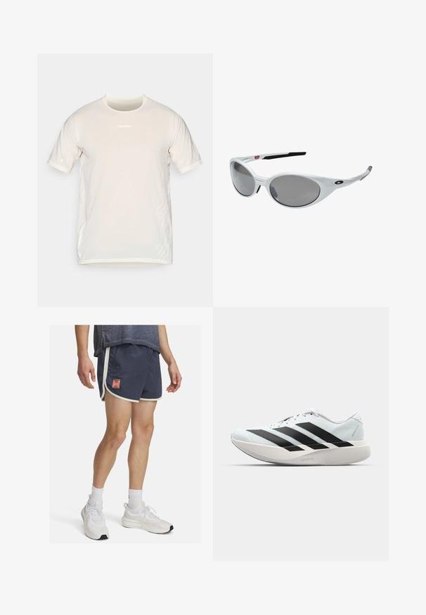 Beige Salomon t-shirt med kort ärm och rund hals, med subtila vita grafiska linjer på sidorna.; Marina idrottsshorts med vit kant och Under Armour-logotyp. Lättviktsmaterial med en texturerad yta, utformade för komfort under fysisk aktivitet.; Lätta löparskor i ljusblått med svarta ränder. Har en slät ovandel, rund tå och tjock vit mellansula märkt "LIGHTSTRIKE PRO."; Vita plastsolglasögon med stora ovala linser, gråtonade. Har svarta örongrepp och en liten logotyp på ramen. Slät yta.