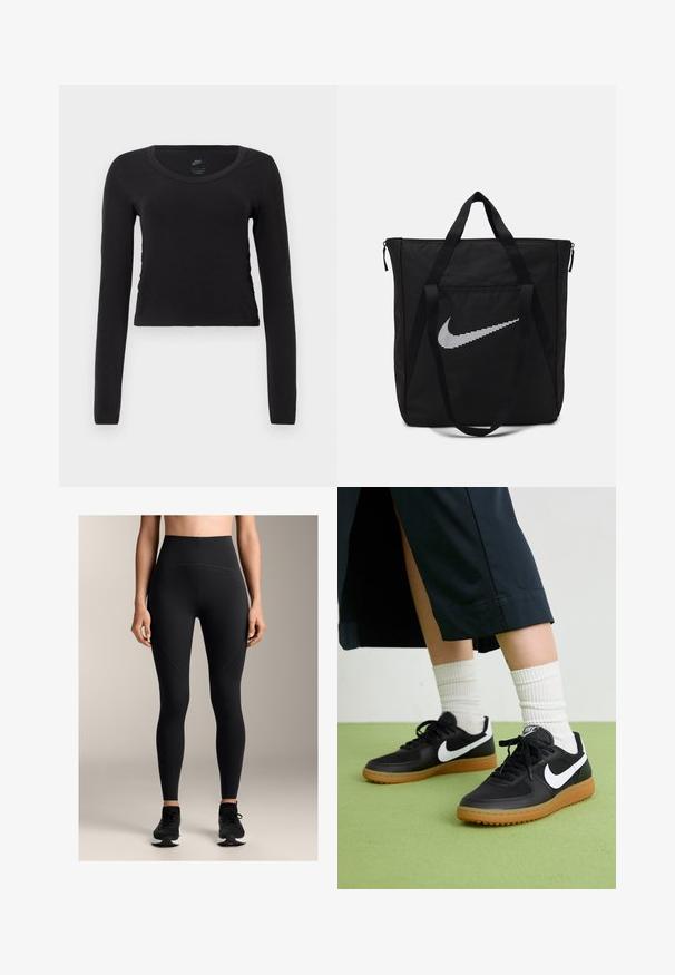 T-shirt cropped a maniche lunghe in cotone nero uniforme. Presenta un colletto rotondo e una leggera arricciatura laterale per un look aderente.; Leggings neri a vita alta realizzati in un tessuto elasticizzato, con una texture liscia, dettagli delle cuciture e un design aderente.; Sneaker in pelle nera e sintetica con logo Nike bianco, suola in gomma, punta rotonda e lacci neri. Calze bianche a righe visibili.; Borsa tote nera in nylon con due manici robusti e chiusura con zip. Presenta un grande logo Nike a forma di swoosh in un design a righe orizzontali.