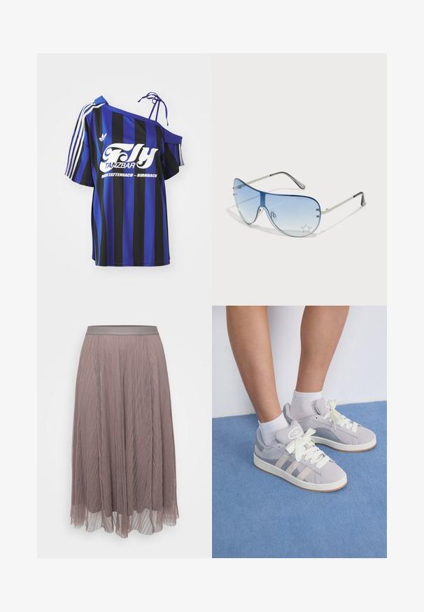 Blå och svart randig oversized skjorta med en off-shoulder design, prydd med vit tryckt text och tre vita ränder på ärmen.; Fållad midikjol i mjuk mauve, med en slät satinmidja. Lätt, flödig material med vertikala linjer och genomskinliga lager.; Grå mockaskor med vita snören och gummisula, med tre diagonala ränder på sidan och en logotyp-patch på tungan.; Pilotglasögon med gradientblå linser, silverfärgad metallram och dekorativa stjärnaccenter på linserna. Snygg och elegant design.