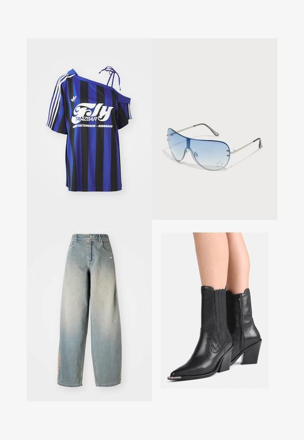Modra in črna črtasta oversized srajca z enim naramnim dizajnom, ki vsebuje bel tiskano besedilo in tri bele črte na rokavu.; Svijetloplavi traper široki traperice sa izblijedjelim završetkom. Ima prednje džepove, zatvaranje na dugme i diskretan logotip na pojasu.; Črne usnjene škornje do meč z usnjenim konicami, zložene pete, stranskim zadrgo in dekorativnim šivom, nosijo na golih nogah.; Pilotne sončne očala z gradijentnimi modrimi lečami, srebrnim kovinskim okvirjem in okrasnimi zvezdastimi detajli na lečah. Gladek in eleganten dizajn.; Srebrna metalna torbica v obliki srca z dvema ročajema, verižnim trakom in gladko teksturo. Ima kovinske dele in šivane robove.