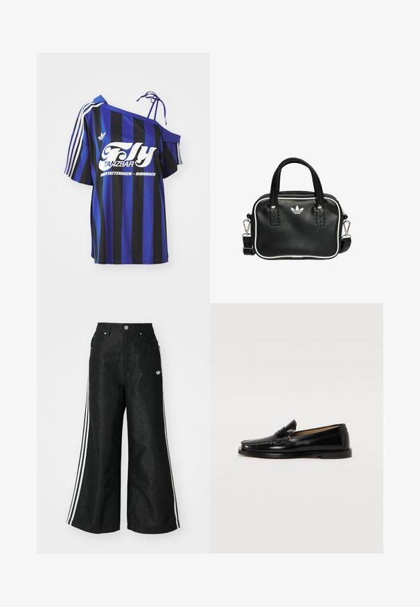 Camisa de gran tamaño a rayas azul y negra con un diseño de un solo hombro, que presenta texto impreso en blanco y tres rayas blancas en la manga.; Pantalones de denim anchos y negros con tres franjas blancas en cada lado y un pequeño logo blanco. Cuenta con bolsillos frontales y un cierre de botón.; Mocasines de cuero negro con punta redondeada, costuras decorativas y suela plana. Textura suave y diseño minimalista.; Bolso de mano de cuero negro con dos asas cortas, herrajes plateados, detalles en blanco y un logotipo blanco. Presenta una superficie texturada y un diseño compacto.