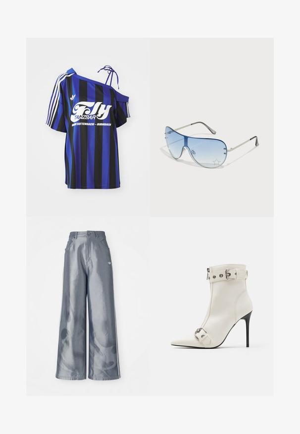 Blauw- en zwartgestreept oversized shirt met één schouderontwerp, voorzien van witte bedrukte tekst en drie witte strepen op de mouw.; Zijde-brede broek van glanzend grijs materiaal, met witte zijstreep en een vlampatroon op de onderbenen. Knopen- en ritssluiting in de taille.; Even&Odd Korte laarzen - white; Aviator zonnebril met een gradient blauwe lens, zilveren metalen frame en decoratieve sterrenaccenten op de lens. Glad en strak ontwerp.