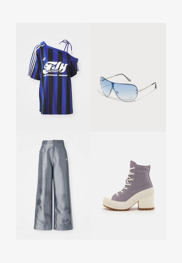 Chemise ample à rayures bleues et noires avec une conception dénudée d'une épaule, ornée de texte imprimé blanc et de trois rayures blanches sur la manche.; Pantalons à jambes larges en matériau gris brillant, présentant des bandes latérales blanches et un motif de flammes sur les jambes inférieures. Fermeture à bouton et à zip à la taille.; Bottines en toile violette avec lacets blancs, bout en caoutchouc et talons épais blancs. Semelle à grip texturé pour une meilleure traction.; Lunettes de soleil aviateur avec des verres dégradés bleus, une monture en métal argenté et des accents décoratifs en forme d'étoile sur les verres. Design lisse et élégant.