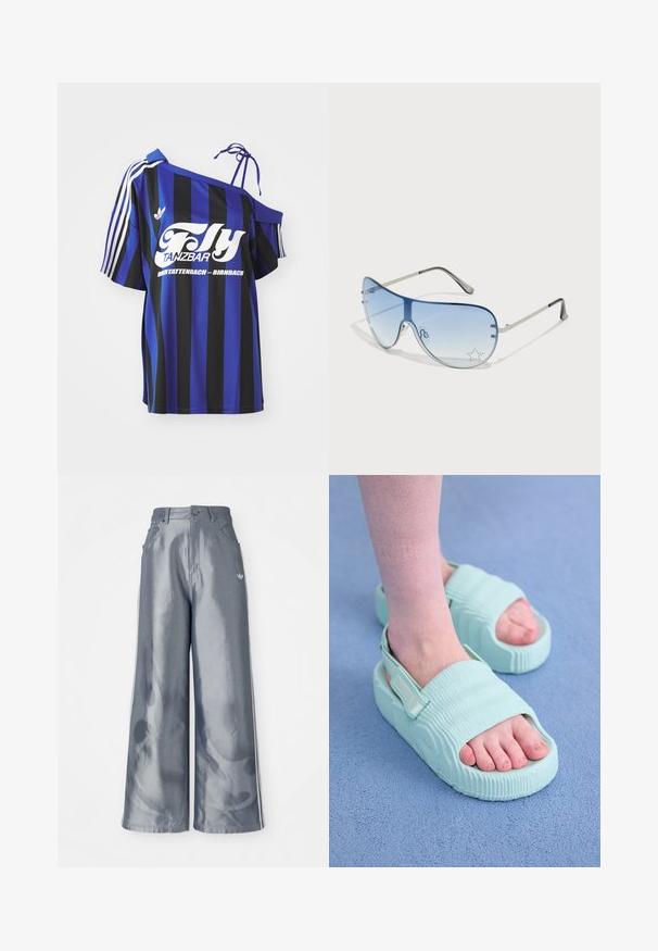 Zila un melna svītrota pārāk liela krekla ar vienu plecu atklāšanu, ar baltu drukātu tekstu un trim baltām svītrām uz piedurknes.; Platas kājas bikses no spīdīga pelēka materiāla, ar baltām sānu svītrām un liesmu rakstu apakšējā kāju daļā. Pogas un rāvējslēdzēja aizdare jostasvietā.; Gaiši zili sandales ar rievojumu tekstūru, atvērtu purngalu, regulējamu siksnu un biezu zoli, kas izskatās no gludas, elastīgas materiāla.; Pilotstila saulesbrilles ar gradienta zilām lēcām, sudraba metāla rāmjiem un dekoratīvām zvaigžņu akcentiem uz lēcām. Gluda un eleganta dizaina.