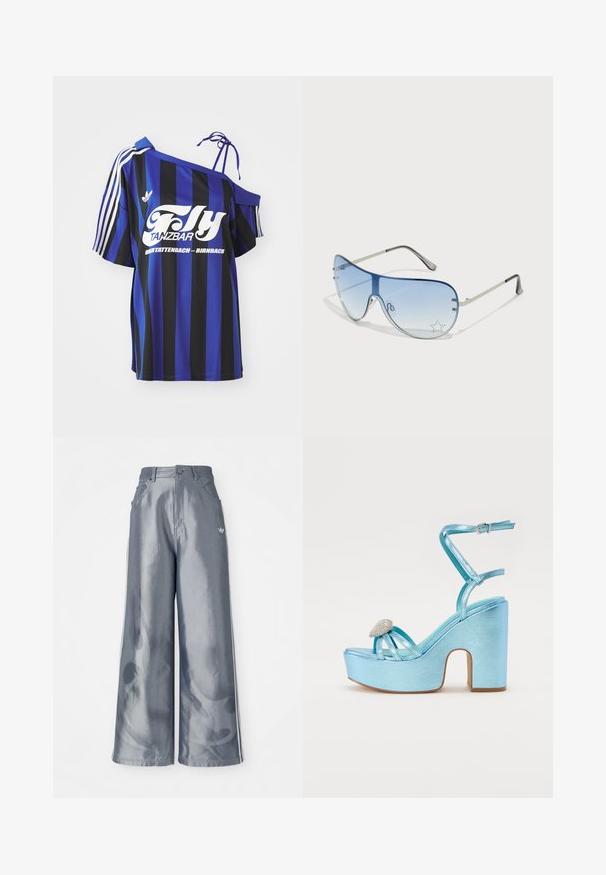 Zila un melna svītrota pārāk liela krekla ar vienu plecu atklāšanu, ar baltu drukātu tekstu un trim baltām svītrām uz piedurknes.; Platas kājas bikses no spīdīga pelēka materiāla, ar baltām sānu svītrām un liesmu rakstu apakšējā kāju daļā. Pogas un rāvējslēdzēja aizdare jostasvietā.; Zilas metāla platformas sandales ar biezu papēdi, kas iekļauj krusteniskās jostas un rotājumu uz pirkstu zonas.; Pilotstila saulesbrilles ar gradienta zilām lēcām, sudraba metāla rāmjiem un dekoratīvām zvaigžņu akcentiem uz lēcām. Gluda un eleganta dizaina.