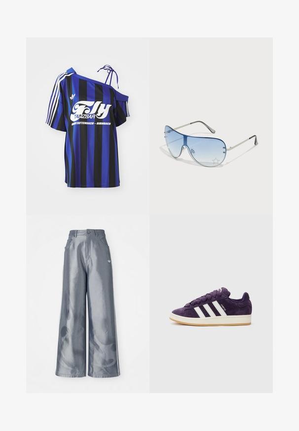 Niebieska i czarna, w paski oversize'owa koszula z jednym odkrytym ramieniem, z białym nadrukowanym tekstem i trzema białymi paskami na rękawie.; Szerokie spodnie w błyszczącym szarym kolorze, z białymi paskami po bokach i wzorem płomieni na dolnej części nogawek. Zapięcie na guzik i zamek błyskawiczny w talii.; Fioletowe zamszowe sneakersy z białymi paskami i sznurowadłami, charakteryzujące się teksturowanym wierzchem i jasną gumową podeszwą.; Okulary przeciwsłoneczne typu aviator z gradientowymi niebieskimi szkłami, srebrną metalową oprawą oraz dekoracyjnymi akcentami w kształcie gwiazdek na soczewkach. Gładki i elegancki design.