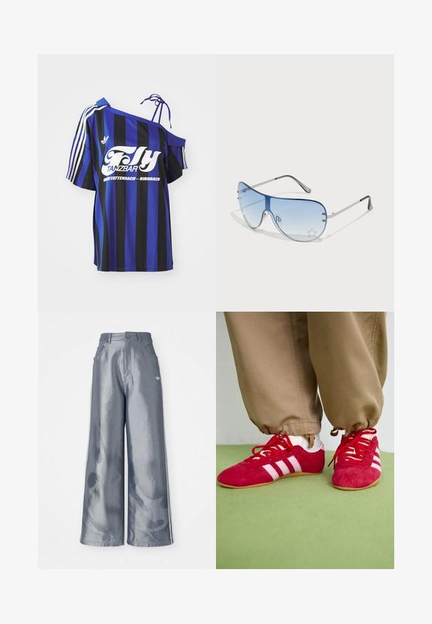 Modrá a černá pruhovaná oversized košile s jedním ramínkem, která má bíle potištěný text a tři bílé pruhy na rukávu.; Kalhoty s širokými nohavicemi z lesklého šedého materiálu, se bílými bočními pruhy a plamenným vzorem na spodní části nohavic. Zapínání na knoflík a zip v pase.; Červené semišové sportovní boty s bílými pruhy, plochou gumovou podrážkou a červenými šňůrkami. Nosené s béžovými kalhotami, umístěné na zeleném povrchu.; Pilotské sluneční brýle s modrými gradientními skly, stříbrným kovovým rámem a dekorativními hvězdnými akcenty na sklech. Hladký a elegantní design.