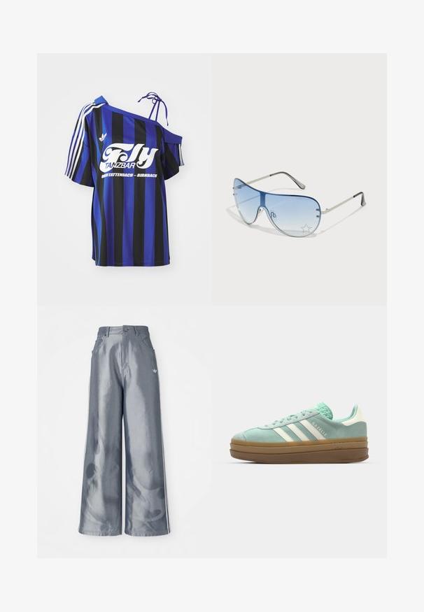 Niebieska i czarna, w paski oversize'owa koszula z jednym odkrytym ramieniem, z białym nadrukowanym tekstem i trzema białymi paskami na rękawie.; Szerokie spodnie w błyszczącym szarym kolorze, z białymi paskami po bokach i wzorem płomieni na dolnej części nogawek. Zapięcie na guzik i zamek błyskawiczny w talii.; adidas Originals GAZELLE BOLD jasnozielony; Okulary przeciwsłoneczne typu aviator z gradientowymi niebieskimi szkłami, srebrną metalową oprawą oraz dekoracyjnymi akcentami w kształcie gwiazdek na soczewkach. Gładki i elegancki design.