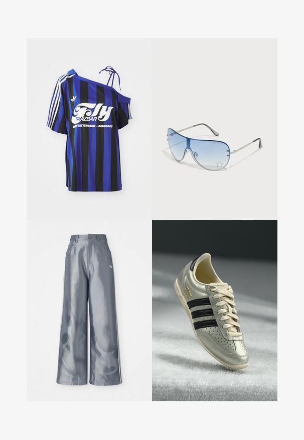 Blå og svart stripete oversized skjorte med én av skulderen-design, med hvit trykt tekst og tre hvite striper på ermet.; Vide benbukser i skinnende grå materiale, med hvide sidestriber og et flammemønster på de nederste ben. Knap- og lynlåslukning i taljen.; Lysegrå lær sneakers med sorte striper, perforerte detaljer, beige snørebånd og en gulllogo-patch. Teksturet gummisåle.; Pilotbriller med gradient blå linse, sølvfarget metallramme og dekorative stjerneaksenter på linsen. Glatt og stilren design.