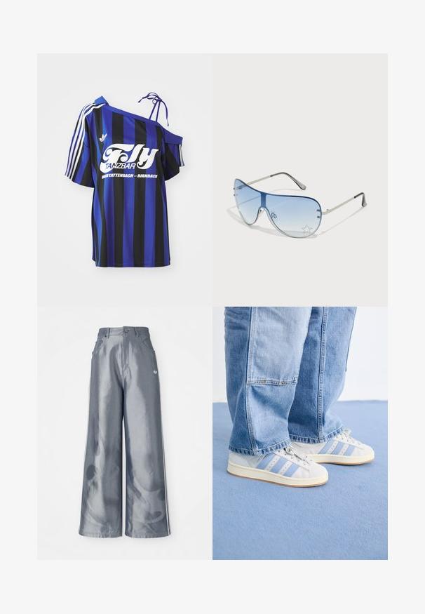 Μπλε και μαύρη ριγωτή oversized μπλούζα με ένα σχέδιο εκτεθειμένου ώμου, που διαθέτει λευκό εκτυπωμένο κείμενο και τρεις λευκές ρίγες στην μανσέτα.; Παντελόνια με φαρδιά πόδια από γυαλιστερό γκρι υλικό, που διαθέτουν άσπρες λωρίδες στα πλάγια και σχέδιο φλόγας στα κάτω άκρα. Κλείσιμο με κουμπί και φερμουάρ στη μέση.; Ανοιχτό γκρι αθλητικά παπούτσια με μπλε ρίγες, λείο σουέτ υλικό, στρογγυλή μύτη και λευκές καουτσούκ σόλες; Συνδυασμένα με ανοιχτό μπλε τζιν.; Γυαλιά ηλίου aviator με γκριδενά μπλε φακούς, ασημένιο μεταλλικό σκελετό και διακοσμητικά αστέρια στους φακούς. Λείος και κομψός σχεδιασμός.