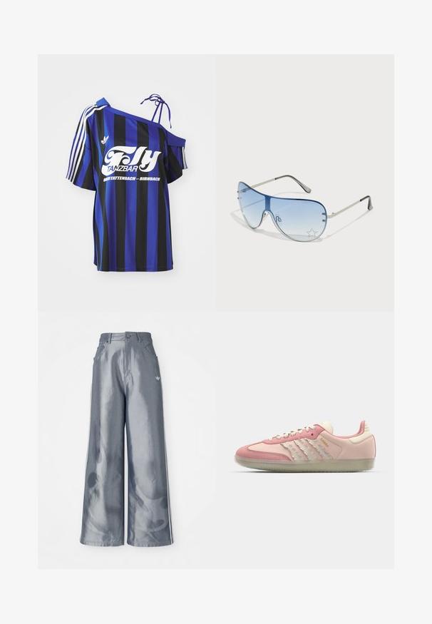 Blauw- en zwartgestreept oversized shirt met één schouderontwerp, voorzien van witte bedrukte tekst en drie witte strepen op de mouw.; Zijde-brede broek van glanzend grijs materiaal, met witte zijstreep en een vlampatroon op de onderbenen. Knopen- en ritssluiting in de taille.; adidas Originals SAMBA OG - Sneakers laag - quartz/off white/mauve; Aviator zonnebril met een gradient blauwe lens, zilveren metalen frame en decoratieve sterrenaccenten op de lens. Glad en strak ontwerp.
