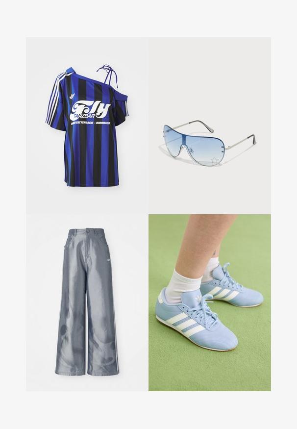 Sinine ja must triibuline üle mõõtme särk, millel on üks õlariba disain, sisaldab valget prinditud teksti ja kolme valget triipu varrukal.; Laiad püksid läikivast hallist materjalist, valgete külgtriipudega ja põlevate mustritega alumistes jalgades. Nööp ja lukku kinnitamine vööl.; Heledad sinine sportlikud jalanõud valgete triipude ja brändimisega. Omab tekstureeritud nahka, nööridega sulgemist ja kummist tallat. Kandmine valgete sokkidega.; Aviatori prillid, millel on gradient sinine objektiiv, hõbedane metallraam ja dekoratiivsed staaraktsendid objektiivil. Sujuv ja stiilne disain.