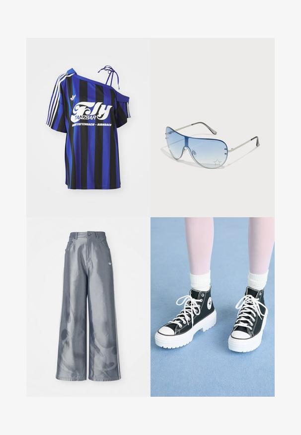 Blue and black striped oversized shirt with one off-shoulder design, featuring white printed text and three white stripes on the sleeve.; Wide-leg pants in shiny gray material, featuring white side stripes and a flame pattern on the lower legs. Button and zipper closure at the waist.; Black high-top sneakers with white soles and laces, featuring a circular logo on the side and contrasting black stitching. Textured fabric upper.; Aviator sunglasses featuring a gradient blue lens, silver metal frame, and decorative star accents on the lens. Smooth and sleek design.