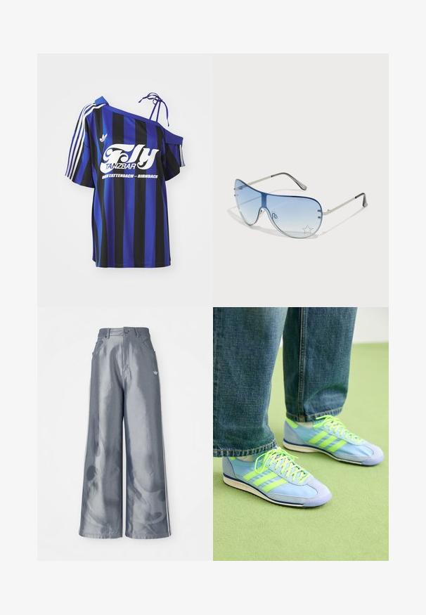 Modrá a černá pruhovaná oversized košile s jedním ramínkem, která má bíle potištěný text a tři bílé pruhy na rukávu.; Kalhoty s širokými nohavicemi z lesklého šedého materiálu, se bílými bočními pruhy a plamenným vzorem na spodní části nohavic. Zapínání na knoflík a zip v pase.; Světle modré sportovní boty se zelenými akcenty, vyrobené z semišového a syntetického materiálu, s třemi pruhy a texturovanou podešví. Stylizované s volnými džíny.; Pilotské sluneční brýle s modrými gradientními skly, stříbrným kovovým rámem a dekorativními hvězdnými akcenty na sklech. Hladký a elegantní design.