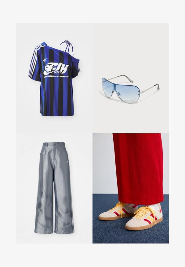 Camisa oversized às riscas azul e preta com um design de um ombro, apresentando texto impresso em branco e três riscas brancas na manga.; Calças de pernas largas em material cinza brilhante, com riscas brancas nas laterais e um padrão de chamas na parte inferior das pernas. Fecho com botão e fecho éclair na cintura.; Sneakers com um cabedal em camurça bege, detalhes em riscas vermelhas e amarelas, atacadores amarelos e uma sola em borracha de alperce, combinados com calças vermelhas de malha canelada.; Óculos de sol aviador com lentes azuis em degradê, armação metálica prateada e detalhes decorativos de estrelas nas lentes. Design suave e elegante.
