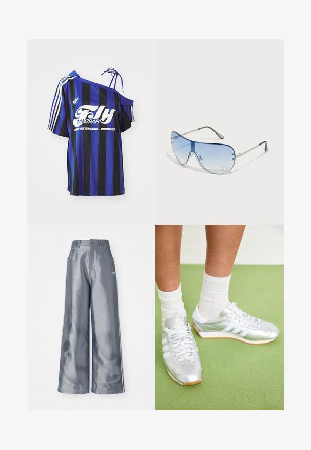 Mėlynos ir juodos juostelės per didelis marškinis su viena peties iškirpte, ant kurios yra baltas užrašas ir trys baltos juostelės ant rankovės.; Plačios kelnės iš blizgaus pilko medžiagos, su baltomis šoninėmis juostelėmis ir liepsnos raštu apatinėje dalyje. Mygtuko ir užtrauktuko uždarymas juosmens srityje.; Sidabriniai sportiniai batai su baltais raišteliais, trimis baltomis juostelėmis ir guminiu padu. Dėvimi su baltais įtemptais kojinėmis ant žalios paviršiaus.; Aviatoriai akiniai su gradientiniais mėlynais objektyvais, sidabriniu metaliniu rėmu ir dekoratyvinėmis žvaigždžių akcentais ant objektyvų. Lygaus ir stilingo dizaino.