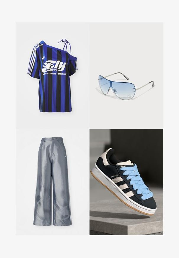 Zila un melna svītrota pārāk liela krekla ar vienu plecu atklāšanu, ar baltu drukātu tekstu un trim baltām svītrām uz piedurknes.; Platas kājas bikses no spīdīga pelēka materiāla, ar baltām sānu svītrām un liesmu rakstu apakšējā kāju daļā. Pogas un rāvējslēdzēja aizdare jostasvietā.; Melns zamšādas sporta apavi ar gaismas zilām auklām, trīs baltas svītras sānos un gumijas zole. "CAMPUS" logo tuvumā papēžam.; Pilotstila saulesbrilles ar gradienta zilām lēcām, sudraba metāla rāmjiem un dekoratīvām zvaigžņu akcentiem uz lēcām. Gluda un eleganta dizaina.