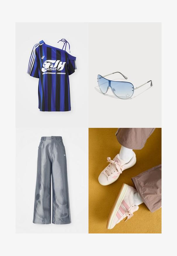 Gestreiftes, übergroßes Hemd in Blau und Schwarz mit einem schulterfreien Design, ausgestattet mit einem weißen Aufdruck und drei weißen Streifen am Ärmel.; Weite Hose aus glänzendem grauem Material, ausgestattet mit weißen seitlichen Streifen und einem Flammenmuster an den Unterschenkeln. Knopf- und Reißverschlussverschluss an der Taille.; Rosa Wildledersneaker mit passenden Streifen, weißen Schnürsenkeln und einer crèmefarbenen Laufsohle. Kombiniert mit weißen Socken und lockeren braunen Hosen vor einem gelben Hintergrund.; Flugzeugbrille mit einem verlaufenden blauen Glase, silbernem Metallrahmen und dekorativen Sternelementen auf dem Glas. Glattes und elegantes Design.