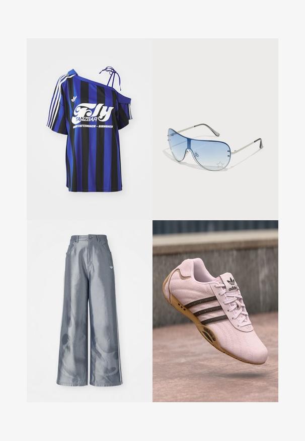 Blue and black striped oversized shirt with one off-shoulder design, featuring white printed text and three white stripes on the sleeve.; Wide-leg pants in shiny gray material, featuring white side stripes and a flame pattern on the lower legs. Button and zipper closure at the waist.; Pink suede athletic shoe with rubber sole, featuring three dark stripes, laces, and Adidas logo on the tongue. Rounded toe design.; Aviator sunglasses featuring a gradient blue lens, silver metal frame, and decorative star accents on the lens. Smooth and sleek design.