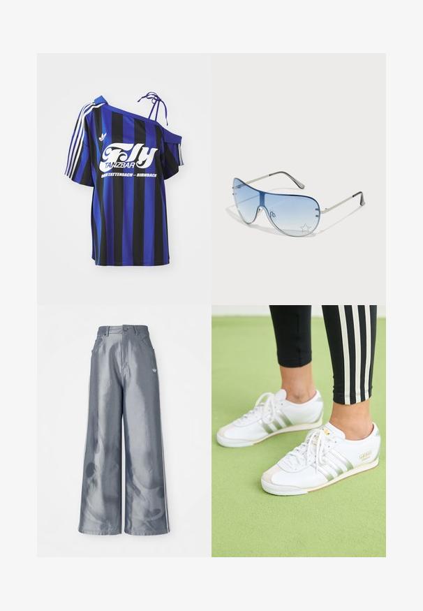 Blå og svart stripete oversized skjorte med én av skulderen-design, med hvit trykt tekst og tre hvite striper på ermet.; Vide benbukser i skinnende grå materiale, med hvide sidestriber og et flammemønster på de nederste ben. Knap- og lynlåslukning i taljen.; Føtter iført hvite Adidas Italia-sneakers med sølvstriper og snøring, står på en lys grønn teksturert overflate.; Pilotbriller med gradient blå linse, sølvfarget metallramme og dekorative stjerneaksenter på linsen. Glatt og stilren design.