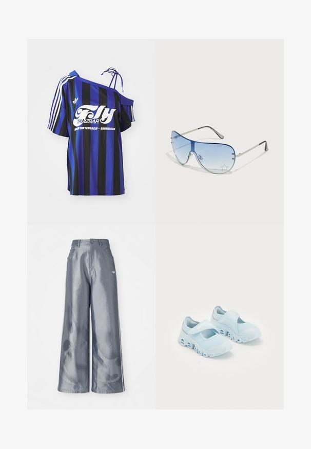 Blå og svart stripete oversized skjorte med én av skulderen-design, med hvit trykt tekst og tre hvite striper på ermet.; Vide benbukser i skinnende grå materiale, med hvide sidestriber og et flammemønster på de nederste ben. Knap- og lynlåslukning i taljen.; Lyseblå sneakers med mesh-stoff, fremtredende utskjæringer i sålen og et borrelåsbånd over toppen for sikker passform.; Pilotbriller med gradient blå linse, sølvfarget metallramme og dekorative stjerneaksenter på linsen. Glatt og stilren design.