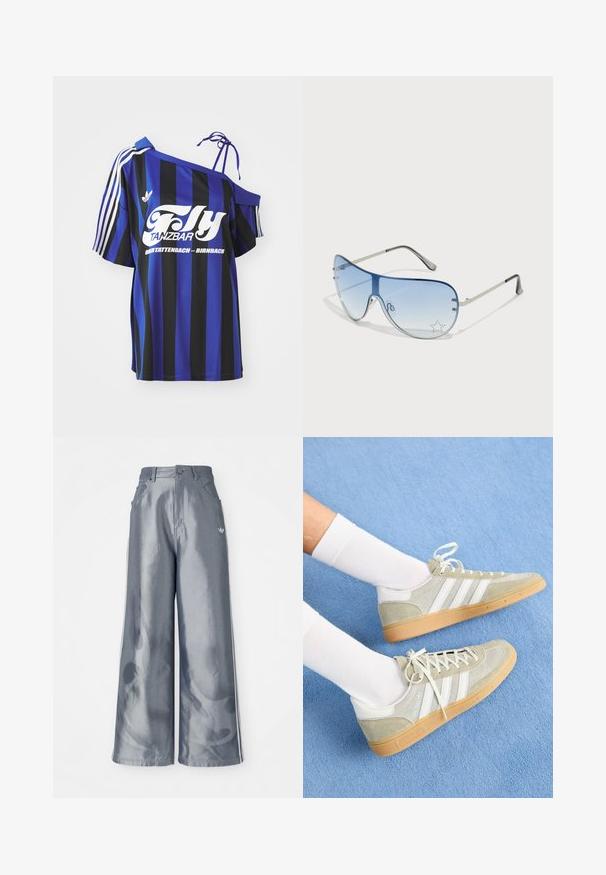 Sininen ja musta raidallinen ylipitkä paita, jossa on yksi olkapää paljaana, valkoisella painatuksella ja kolmella valkoisella raidalla hihassa.; Housut leveillä lahkeilla kiiltävässä harmaassa materiaalissa, valkoisilla sivuviivoilla ja liekkikuvioilla alaosassa. Napin ja vetskarin suljenta vyötäröllä.; Vaaleat harmaat mokkanahkaiset lenkkarit, joissa on valkoisia kumikoristeita, kolmonen valkoista raitaa ja kumipohja. Lenkkarit on yhdistetty valkoisiin sukkiin sinisellä taustalla.; Aviator-mallin aurinkolasit, jotka ovat varustettu gradienttisilla sinisillä linsseillä, hopeisella metallikehyksellä ja koristeellisilla tähtikoristeilla linsseissä. Joustava ja viehättävä muotoilu.