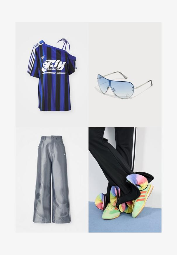 Sinine ja must triibuline üle mõõtme särk, millel on üks õlariba disain, sisaldab valget prinditud teksti ja kolme valget triipu varrukal.; Laiad püksid läikivast hallist materjalist, valgete külgtriipudega ja põlevate mustritega alumistes jalgades. Nööp ja lukku kinnitamine vööl.; Rohelised spordijalatsid oranžide triipudega ja tekstuurseteDetailidega, koos mustade pükste ja multivärviliste volangpahklitega, on asetatud helesinisele põrandale.; Aviatori prillid, millel on gradient sinine objektiiv, hõbedane metallraam ja dekoratiivsed staaraktsendid objektiivil. Sujuv ja stiilne disain.