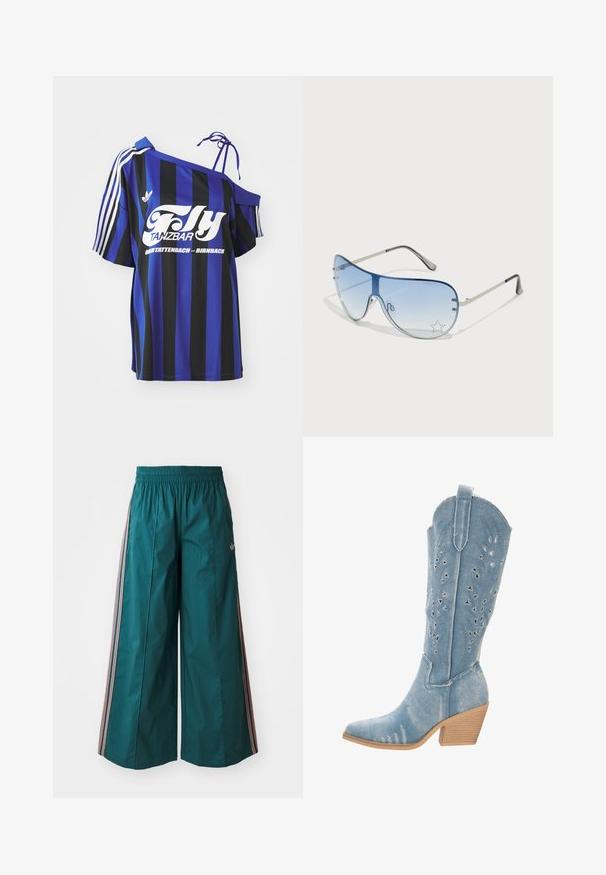 Camisa de gran tamaño a rayas azul y negra con un diseño de un solo hombro, que presenta texto impreso en blanco y tres rayas blancas en la manga.; Pantalones de pierna ancha en color azul verdoso con cintura elástica, con detalles de rayas en rosa y blanco a los lados, hechos de una tela ligera.; Bota vaquera de denim, azul claro, puntera afilada, detalles recortados con formas triangulares, tacón bajo apilado, acabado texturizado.; Gafas de sol tipo aviador con lentes azul degradado, montura de metal plateado y acentos decorativos de estrellas en los lentes. Diseño suave y elegante.