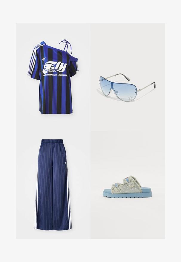 Blue and black striped oversized shirt with one off-shoulder design, featuring white printed text and three white stripes on the sleeve.; Navy blue wide-leg pants with vertical white stripes, elastic waistband, and three white stripes along each side, made from a lightweight material.; Blue platform sandals with a textured, fuzzy fabric upper and two adjustable silver buckles. Thick, raised sole for comfort.; Aviator sunglasses featuring a gradient blue lens, silver metal frame, and decorative star accents on the lens. Smooth and sleek design.