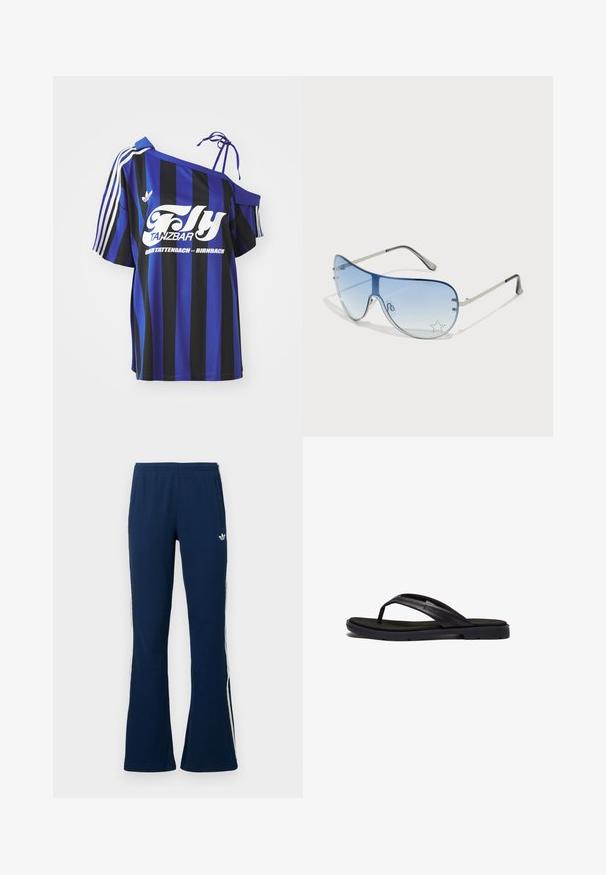 Blue and black striped oversized shirt with one off-shoulder design, featuring white printed text and three white stripes on the sleeve.; Navy blue ribbed flared track pants with white side stripes and an embroidered logo on the left side, featuring two side pockets.; Black flip-flop featuring a soft-textured rubber sole and sleek synthetic straps. The design includes minimal hardware and a low profile.; Aviator sunglasses featuring a gradient blue lens, silver metal frame, and decorative star accents on the lens. Smooth and sleek design.